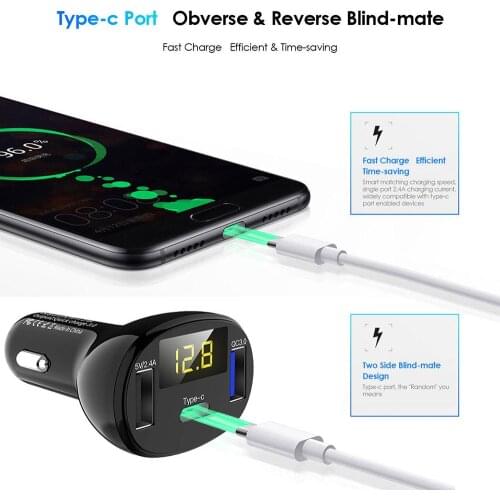 Universal Mobile Phone Charger Adapter 3 Ports USB Type-c QC3.0 Quick Charge Car Charger Adapter LED Voltmeter