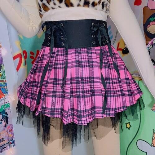 Japanese Plaid Pleated Skirt Women Harajuku Hot Girl Y2K Millennial Lace Ribbon High Waist Mini Lace-Up Kawaii Cute Skirt Female