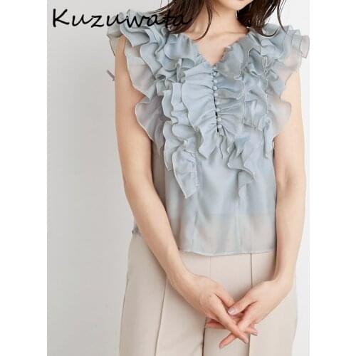 Kuzuwata V Neck Sleeveless Shoulder Strapless Blouse Women Ruffles Patchwork Solid Ol Blusas Summer New Open Back Lace Up Shirt