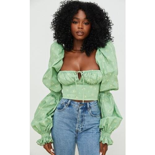 TRAF fashion summer women sexy fashion top flower flame sleeve lace up short top zipper short street dress shoulder green shirt
