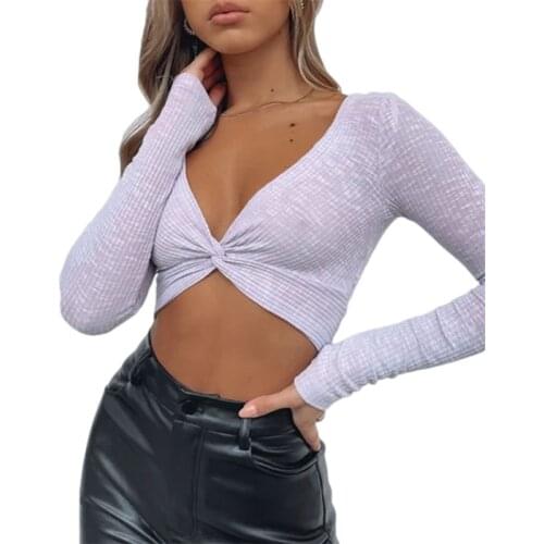 Women Solid Color Ribbed Knitted Slim Crop Tops Fashion Spring Summer Deep V-Neck Long Sleeve T-Shirt Brown/Black/Purple/Grey