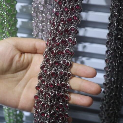 1M Copper Wholesale Gem stone Chain Faceted Clear Red Quartz Pink Glass Wrapped Plated Brass Links Flat Round Beads Findings