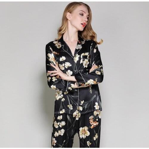 100% genuine silk Fashion flowers pajama sets womens sleepwear sexy black noble autumn pyjamas women skimpy pijamas mulheres