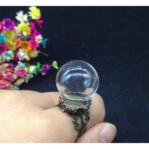 100pcss/lot 20*15mm glass globe ring bronze plated flower crown tray adjustable ring set glass bottle ring handmade jewelry gift