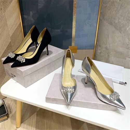 2021 New Spring Summer Fashion Womens High Heels Genuine Leather Shoes Luxury Brand Designer Shoes Crystal Ladies Shoes