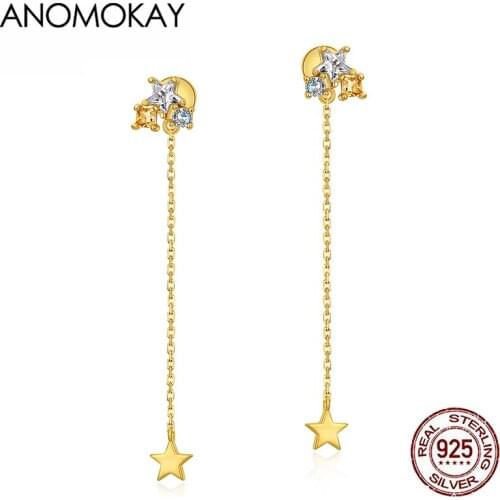 Anomokay Trendy White Zircon Star Drop Earrings for Party Anniversary 100% Sterling 925 Silver Star Chain Link Earring for Women