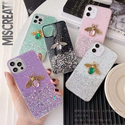Bling Diamond Bee Phone Case For iPhone 12 11 Pro Max XR X XS Max 6 6S 7 8 Plus SE 2020 Bling Glitter Stars Sequins Case Cover