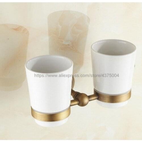 Ceramic Tooth Mug Tooth Gargle Cup with Antique Brass Rack Holder Wall Mounted, with Two Ceramic Cups Nba033a