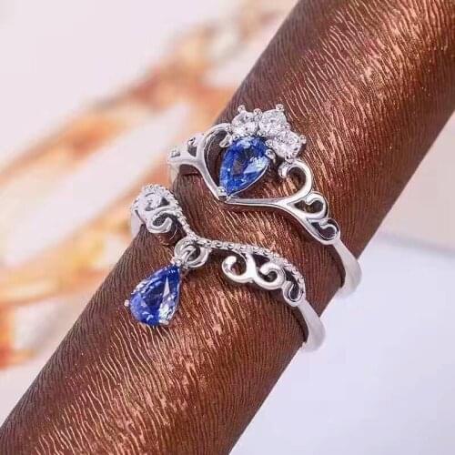 Natural tanzanite gem Ring Natural gemstone Ring 925 sterling silver Stylish elegant two wears Crown water drop women Jewelry