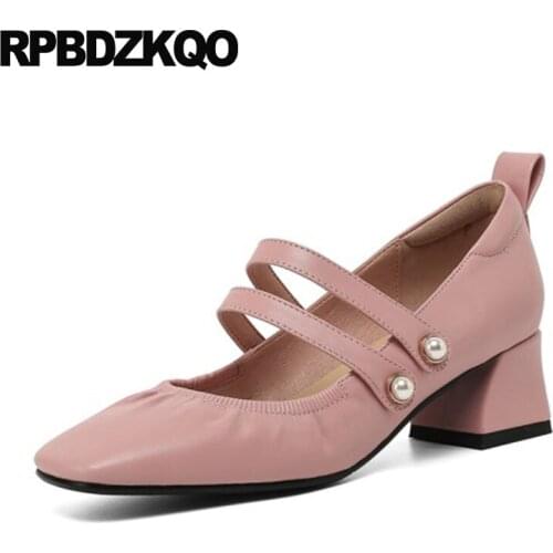 Square Toe Beige Mary Jane Ladies Pearl High Heels Shoes Pumps Thick Sweet Medium Strap Pink Belts Genuine Leather Dress 2021