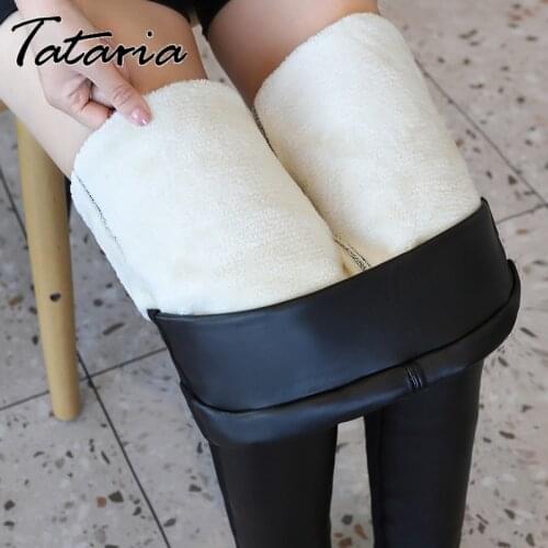 Winter Thick Warm Leggings for Women Splicing Black Pu Leather High Waist Cashmere Sweatpants Woman Trousers Mujer Pantalones