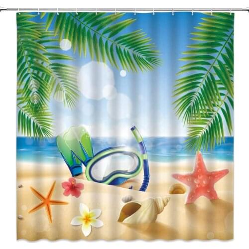 Cartoon Beach Scenery Shower Curtains Ocean Starfish and Conch Diving Goggles Green Leaf Plant Bathroom Decor Cloth Curtain Sets
