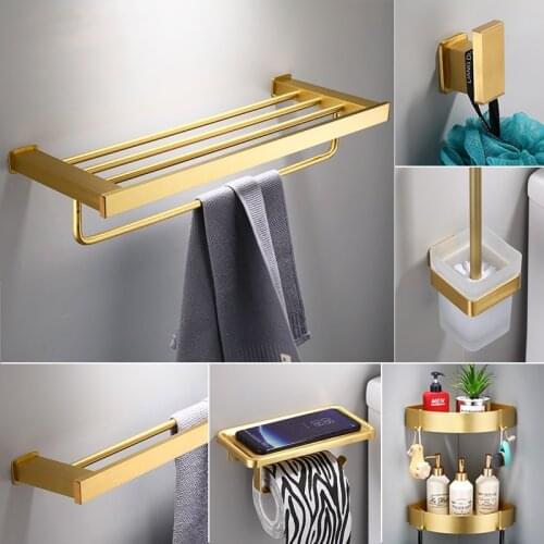 Nordic Brushed Gold Space Aluminum Towel Rack Bathroom Wall Hanging Light Luxury Robe Hook Toothbrush Holder Bathroom Shelf