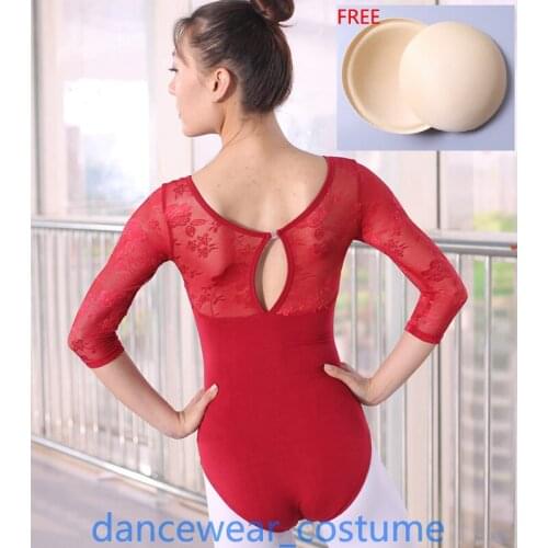 New Women Ballet Gymnastics Leotard Adult Ladies 3/4 Long Sleeve Yoga Rhythmic Ballet Dance Bodysuit Leotard with Lace 2Colors