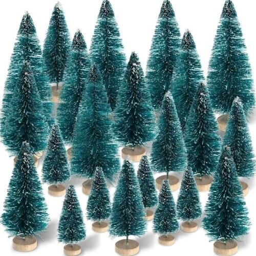 New 60 Pieces Mini Sisal Snow Frost Trees Winter Pine with Wood Base Snow Ornaments Tabletop Trees for Christmas Decoration