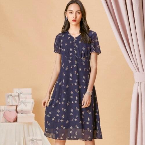 Gowani 100% Silk Vintage Flower Printed V-neck Button Flare Sheer Sleeve Empire Waist A-line Dress