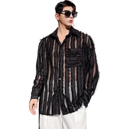 Mens See Through Long Sleeve Loose Casual Shirt Male Streetwear Dress Shirts Tops Sun Protection Jacket Nightclub Clothing Man