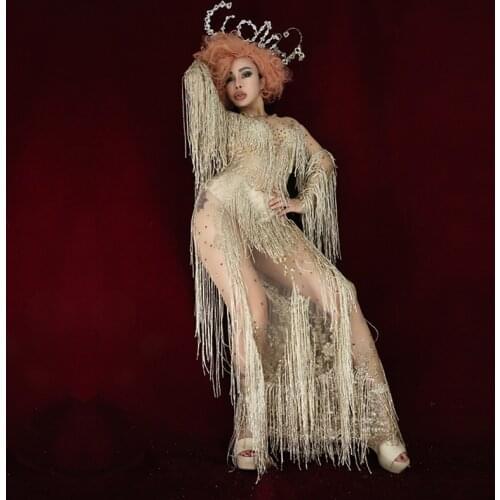 Sexy Perspective Rhinestone Dress Nightclub Women Singer DJ Gold Tassel Stage Dress Prom Celebrate Party Wear Long Dress VDB2977
