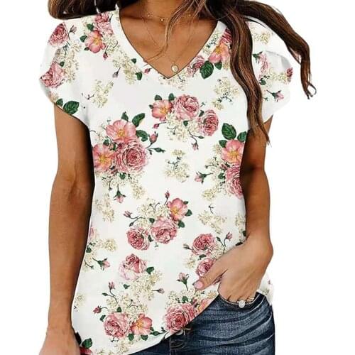 Oversize Women T Shirt Summer Short Sleeve V-Neck Casual Streetwear Tops Plus Size Ladies 3D Floral Printed Tee 2021