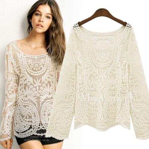Hollow Out Long Sleeve Lace Unlined Upper Garment Sunscreen Solid Color Pullover Smock womens tops and blouses camisa feminina