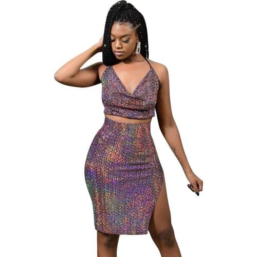 Womens Sexy V-Neck Printing Lace-Up Blouse High Slit Short Skirt Two-Piece Suit