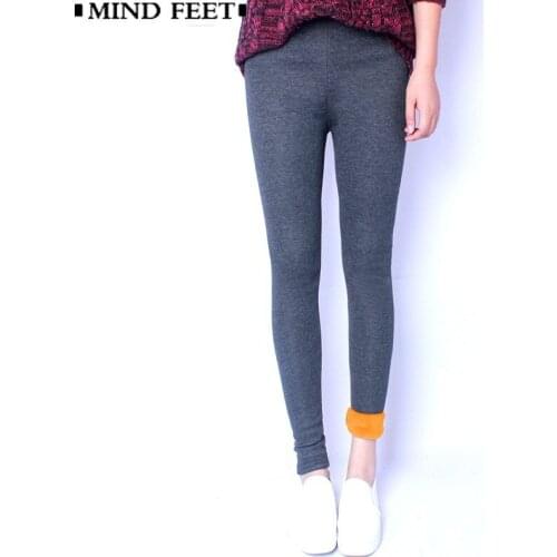 MIND FEET Leggings For Women Knitted Velvet Warm Female Plus Size Slim High Stretch Waist Ninth Skinny Pants Winter Black Gray