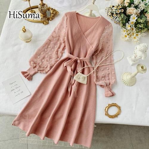 2020 autumn winter new womens V neck tassels chiffon stitching knitted dress female elegant lace-up waist slim sweater dresses