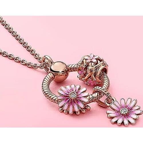 2020 new 100% 925 Sterling Silver 1:1 spring pink girl heart piercing Daisy series letter O pendant Pan necklace lady