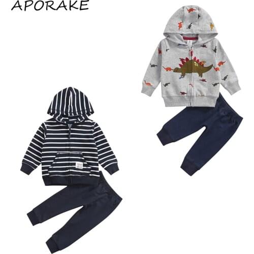 2021 3-24M Infant Boy Clothing Set Cartoon Dinosaur/Striped Print Zipper Long Sleeve Hooded Jackets+Solid Pants Casual Fall 2pcs