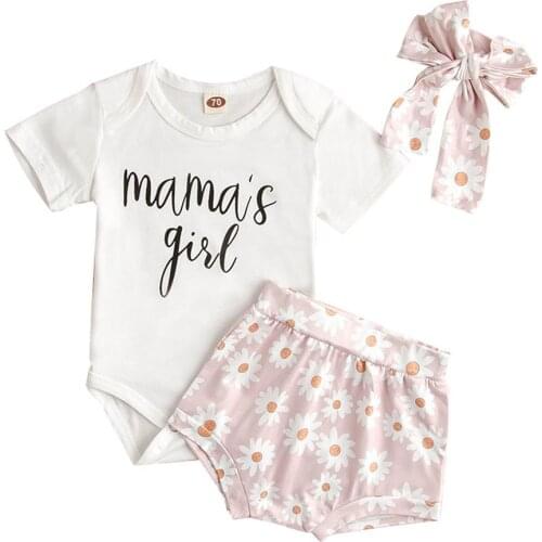 Infant Kid Baby Girls Clothes set Short Sleeve Letter Romper Top Floral Shorts Headband Toddler 3Pcs Suits 0-24M
