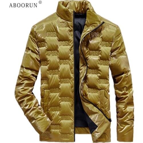 ABOORUN Mens Shinny Gold Silver White Duck Down Jacket Fashion Embossing Zipper Coat Winter Casual Coat for Male