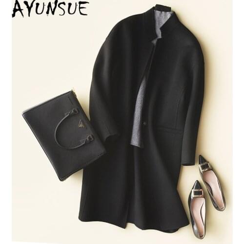 AYUNSUE Autumn Winter Coat Women 100% Wool Coat Female Long Jackets Korean Spring Double Sided Woolen Clothes Black Overcoat LW