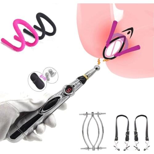 BDSM Labia Clip Nipple Clamp Electro Shock Vagina Pen G-spot Clit Stimulator Vagina Speculum Pussy Expander SM Sex Toy For Women