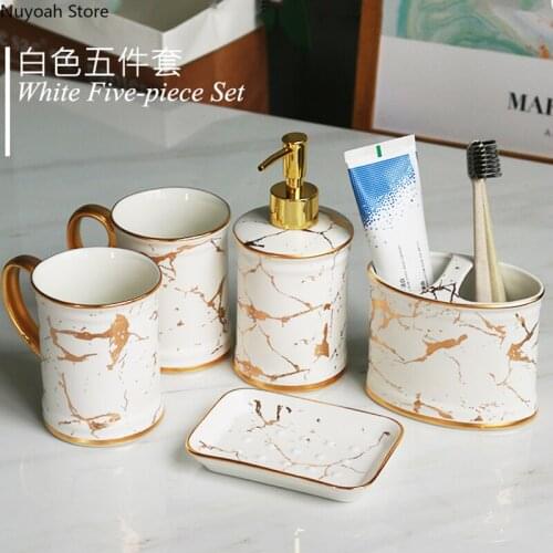 Household Bathroom Kit Marble Pattern Ceramic Lotion Bottle Soap Dish Mouthwash Cup Bathroom Decoration/toothpaste Dispenser