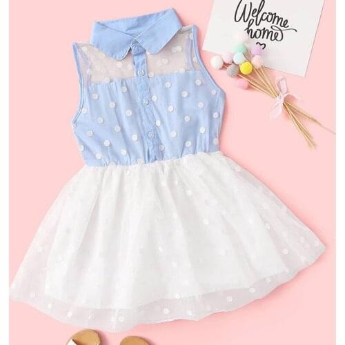 Kids fashion dots dress stitchingNet yarn dress without sleeve Candy style dresses kids cute flower toddler girl dresses