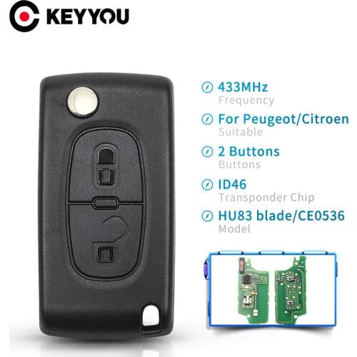 KEYYOU 433MHz ASK ID46 CE0536 2 Buttons HU83 Uncut Blade Remote Folding Car Key For Peugeot 107 207 307 308 407 607 Flip Key Fob