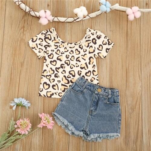2pcs Toddler Littler Girl Cotton Short-sleeved and Shorts Set Casual Summer Leopard O-Neck T-shirt and Tassel Denim Short Pants