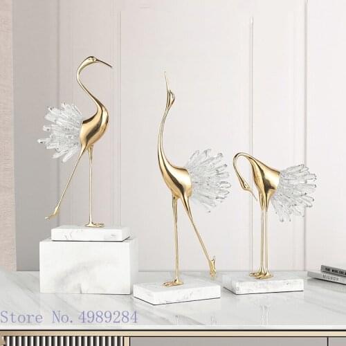 Creative Resin Ornaments Crane Golden Bird Crystal Agate Marble Address Simulation Animal Crafts Furnishings Home Decoration