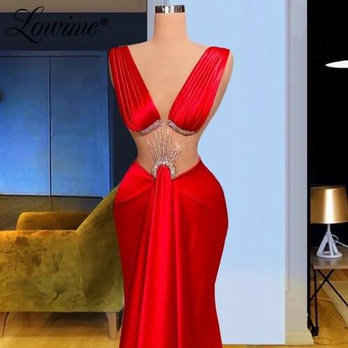 Lowime Sexy V Neck Mermaid Long Prom Dresses Red Party Gowns For Weddings 2021 Couture Crystals Evening Dress Robe De Soiree