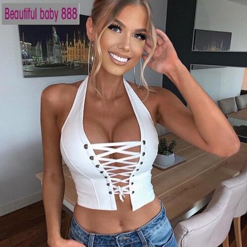 Meqeiss 2020 New PU Leather Halter Sexy Lace Up Bustier Crop Tops Women Summer Sleeveless Backless Female Top Vest Cropped Tops