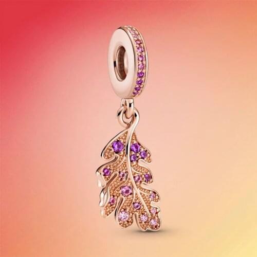 Original 925 sterling silver fine jewelry zircon pendant rose gold leaf charm fit Pandora bracelet accessories silver jewelry