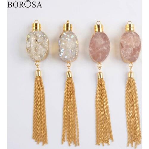 BOROSA Gold Plating Natural Agates Druzy Long Tassels Pendant Necklace Rose Crystal Quartz Necklace Charms for Women G1981