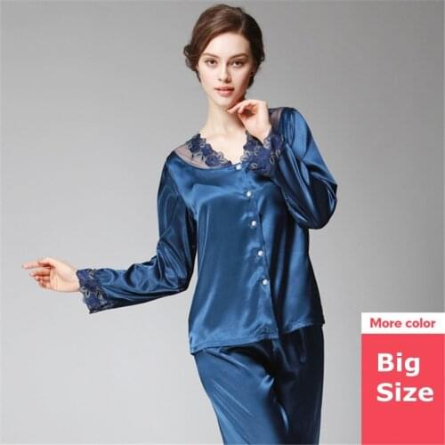 JULYS SONG Big Size Woman 2 Piece Faux Silk Pajamas Set Sexy Lace Long Pants Sleepwear New Autumn Pajamas Spring Home wear