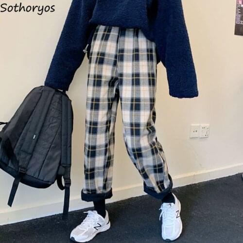 Casual Pants Women Plaid Winter Thicken All-match Ulzzang Teens Kpop Leisure Streetwear Harajuku Loose Autumn Straight Korean