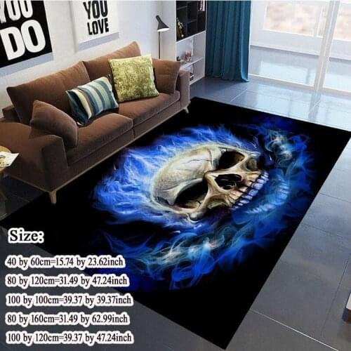 Modern 3D large area carpet flame skeleton Gothic rectangular carpet blue flame anti-slip decorative floor mat home room