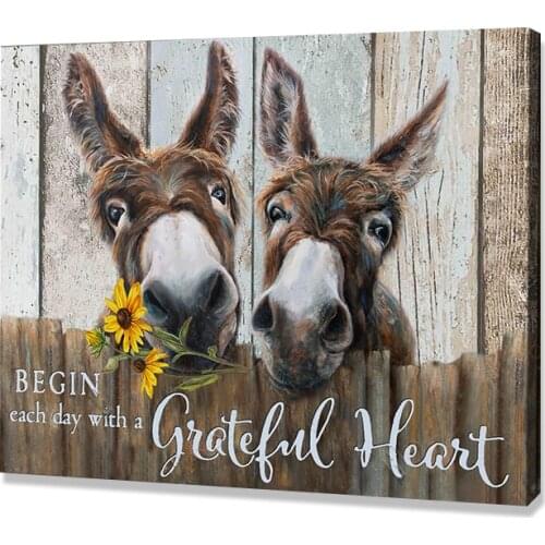 Vintage Rustic Canvas Sunflowers And Animal Donkey Painting Pictures Wall Art Good Mood Words Prints For Room Posters Livingroom