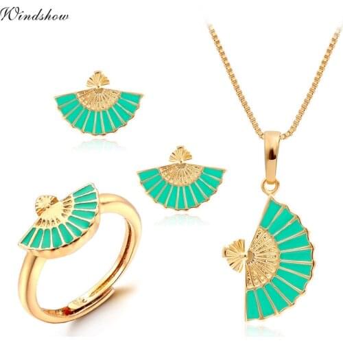 Yellow Gold Color Chinese Green Fan Design Pendant Necklace Stud Earrings Ring Small Jewelry Sets For Women Girls Kids Children