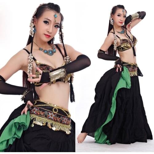 ATS 2018 Tribal Belly Dance Clothes for Women 4 Pieces Outfit Set Antique Bronze Beads Bra Belt Skirts Gypsy Dance Costumes