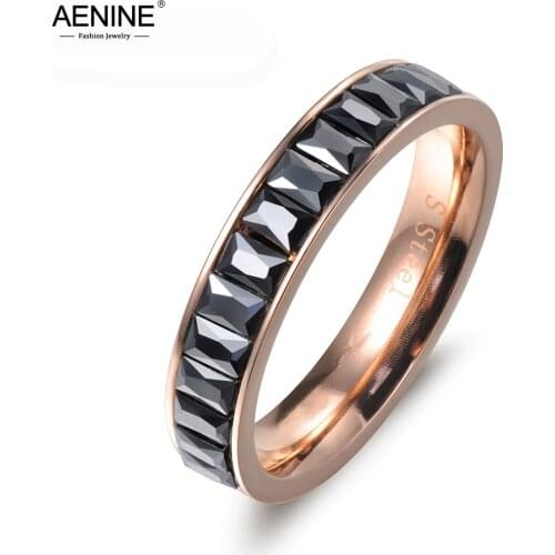 AENINE Classic Stainless Steel Rings Mosaic Black Rectangle Cubic Zircon Wedding Engagement Ring For Women Bridal Sets AR17027