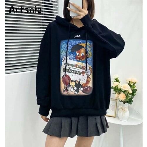 Artsnie Disney Pinocchio Cartoon Sweatshirt Women Autumn 2021 Hooded Long Sleeve Oversized Hoodies Streetwear Black Sweatshirts